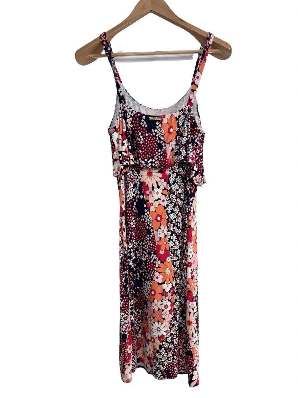 Michael Kors Floral Ruffle Midi Dress Sleeveless Stretch Navy Pink Womens Small